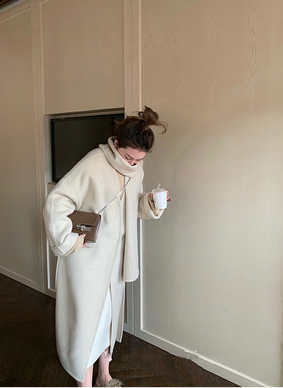 【Y.JIA】French simple and slim strap wool coat (with scarf) (including 100% wool) 99059-1# FHX