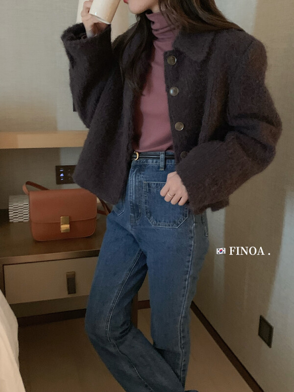 [FINOA] Western-style fashionable hidden buckle shoulder pad solid color small fragrance short coat olive1377