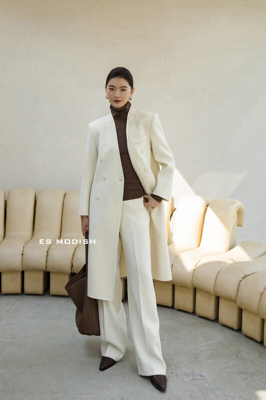 【ES MODISH】V-neck long double-face woolen coat (including 100% wool) JK2038B# CQW