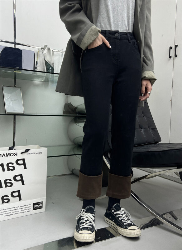 【T-PLATFORM】Korean style colorblock hem fleece jeans V9008# CQW