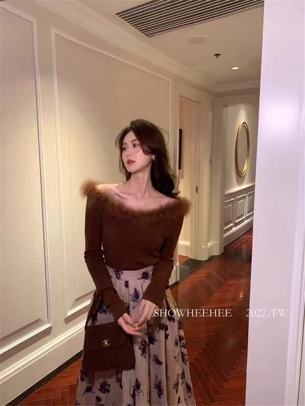 [Korean C home] Xiaoxiang style fluffy stitching one-shoulder shirt 0847# PCZ