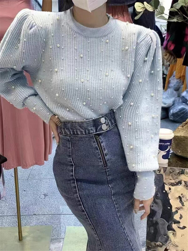 [Korean C Home] Heavy Industry Round Neck Solid Color Beaded Warm Sweater 22051# PCZ