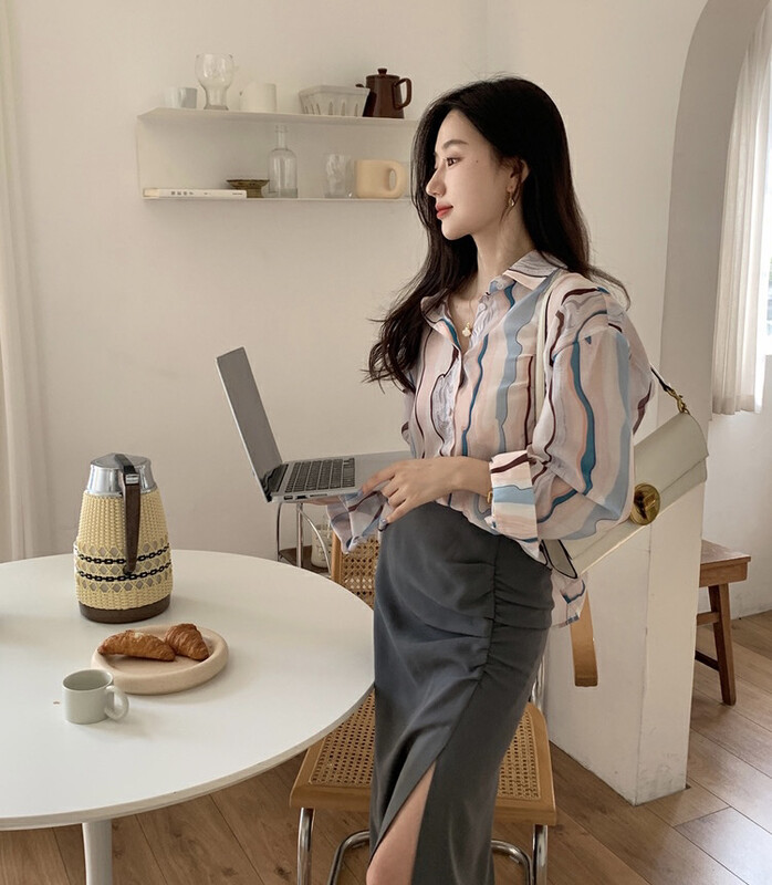 [Y.JIA Ijia] Light and gentle ink chiffon shirt all-match pleated slit suit skirt suit 5032