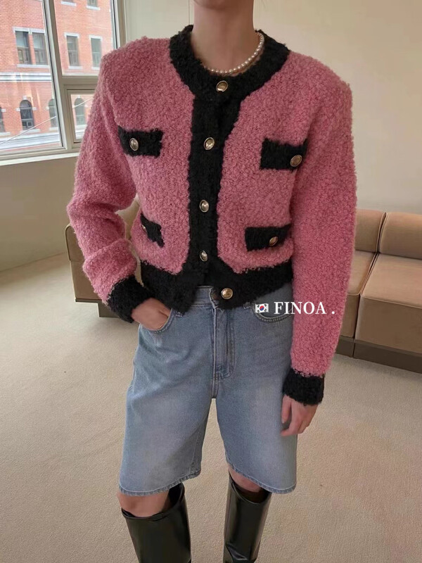 【FINOA】Small fragrant style color matching short thin knitted sweater 10876