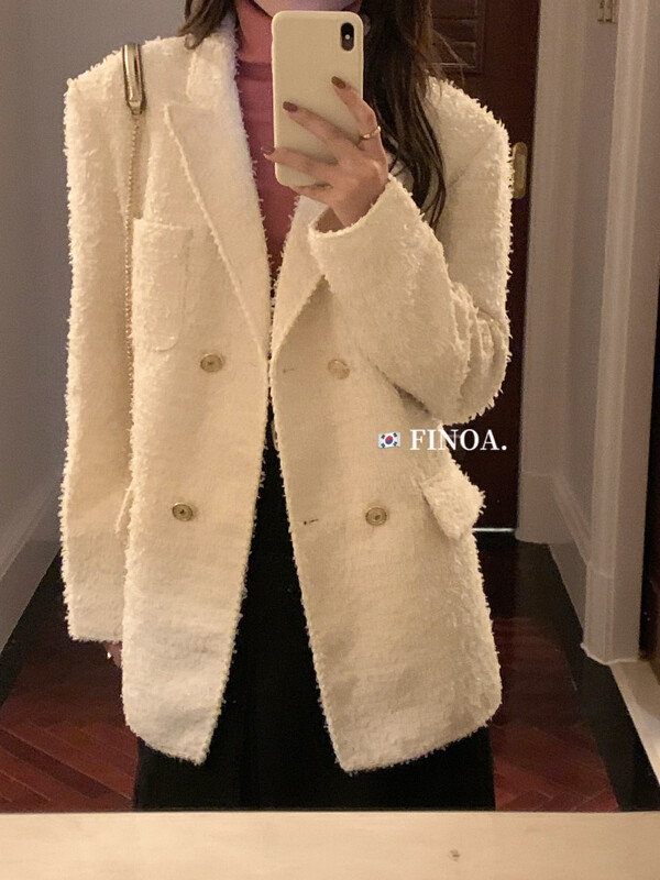 [FINOA] Temperament Small Fragrant Style Metal Buckle Beard Solid Color Loose Suit 10798# JHY