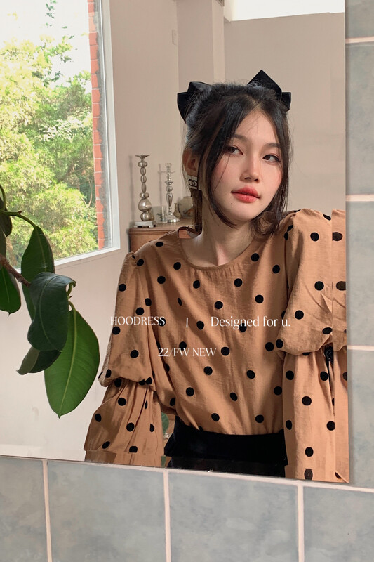 [Fire HOODRESS] Korean flocking polka dot design round neck thin shirt 22426# JHY