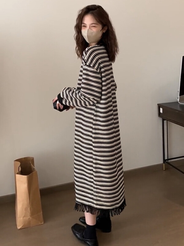 [Y.JIA Ijia] Korean casual loose and simple striped fringed dress YS1-2366