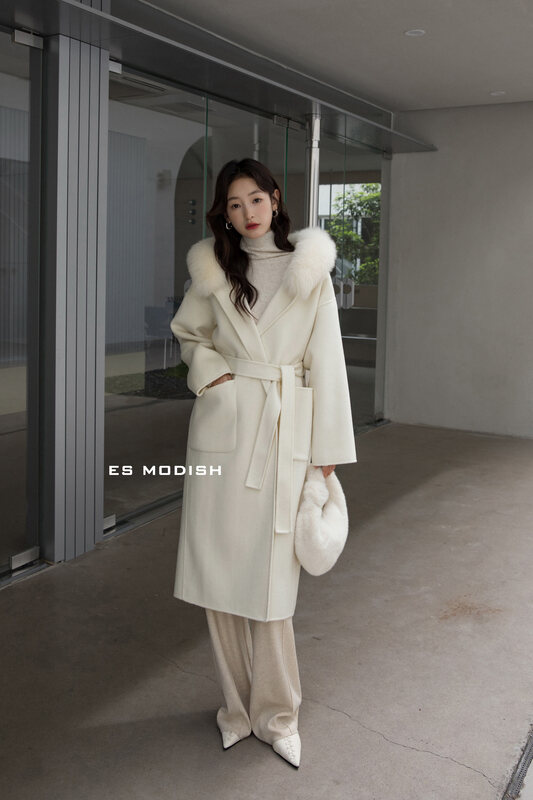 [ES MODISH] Hooded Loose Simple Wool Jacket (with Belt) (Non-removable Real Fox Fur Collar, Containing 100% Wool) JK2040B# CQW