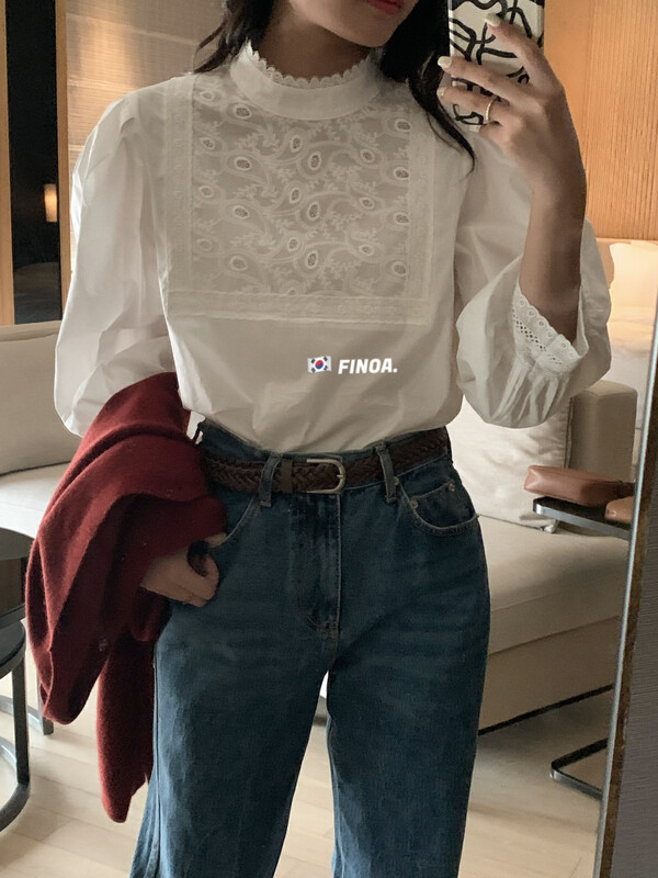 【FINOA】Korean version of ladylike solid color embroidery design loose shirt 10747# JHY