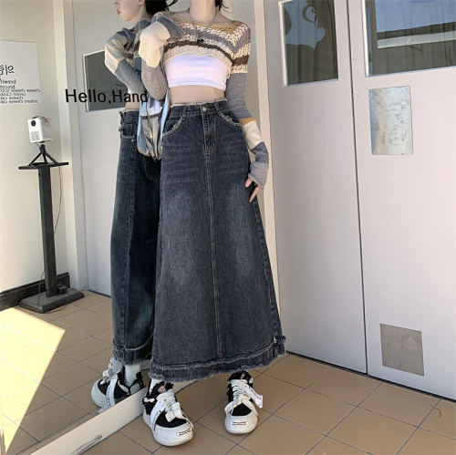 Real shot mid-length denim skirt women's  autumn and winter new high-waisted slim A-line small hip skirt