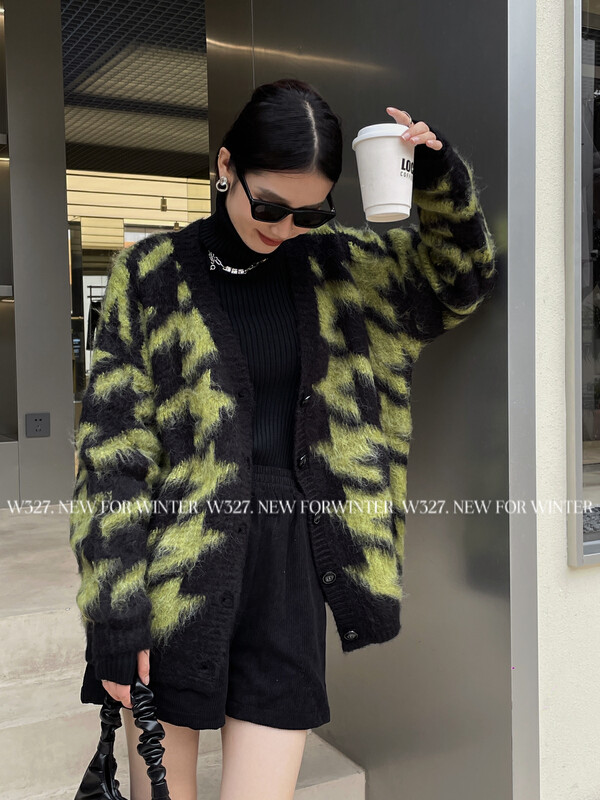 【W327.】Vintage Mohair Houndstooth Knit Cardigan 0320# CQW