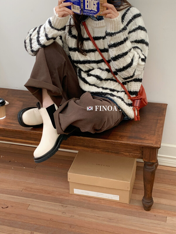 【FINOA】Lazy Loose Twist Stripe Colorblock Coarse Knit Sweater Knit Olive1423