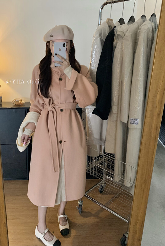 [Y.JIA Ijia] Korean version stand-up collar single-breasted strappy wool coat wool coat 55030