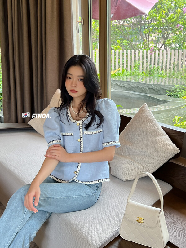Original price 130.72! [FINOA] Temperament celebrity Xiaoxiangfeng puff sleeves contrast color stitching short coat 10646# JHY