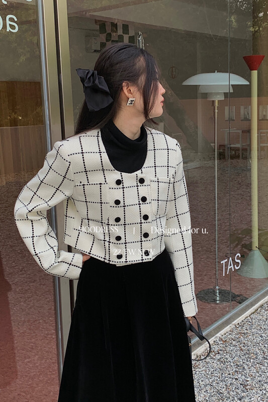 New for winter!  [Fire HOODRESS] Korean version of the temperament Xiaoxiang plaid double-breasted short jacket 22402# JHY