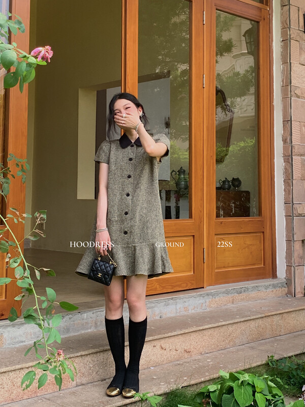 【Fire HOODRESS】Design small fragrance style contrast color doll collar dress 22355# JHY