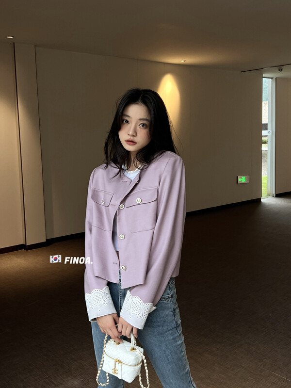 Original price 172.99! [FINOA] Temperament light and mature style lace stitching solid color breasted short jacket 10685# JHY