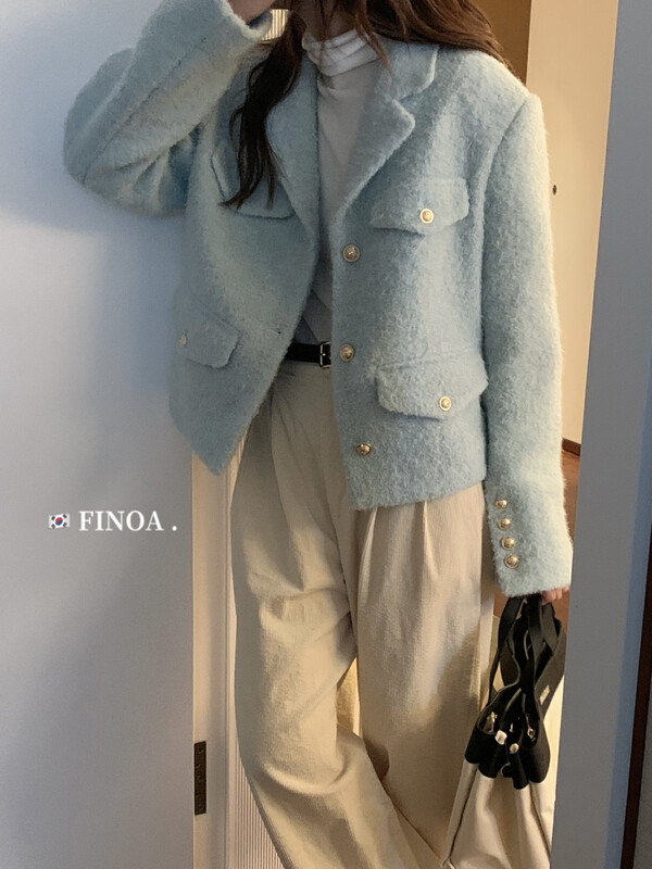 [FINOA] Fashionable Small Fragrance Solid Color Shoulder Pad Short Jacket Suit 10855