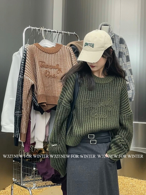 [AT] Korean version embroidered jacquard embroidery letter zipper design sweater 0322