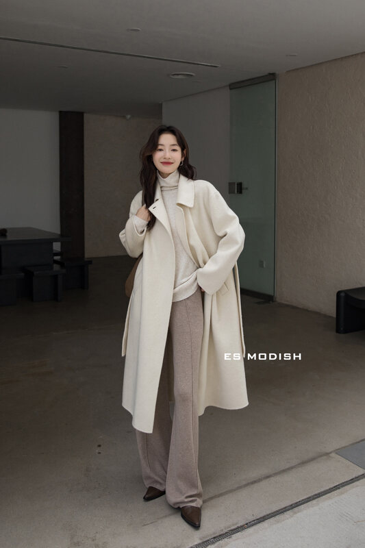 New in winter! [ES MODISH] Hepburn style high-quality double-sided woolen coat (with belt) (including 90% wool, 10% cashmere) JK2000B# CQW