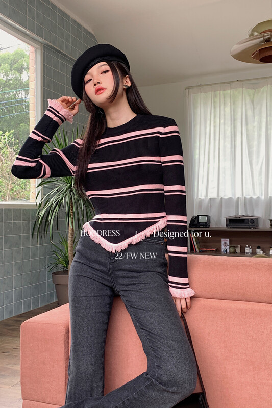 [Fire HOODRESS] Design Irregular Stripes Contrast Color Tassel Warm Sweater 33008# JHY
