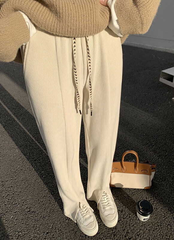 [Y.JIA Yijia] Korean version of simple high waist elastic corduroy split casual pants 2783