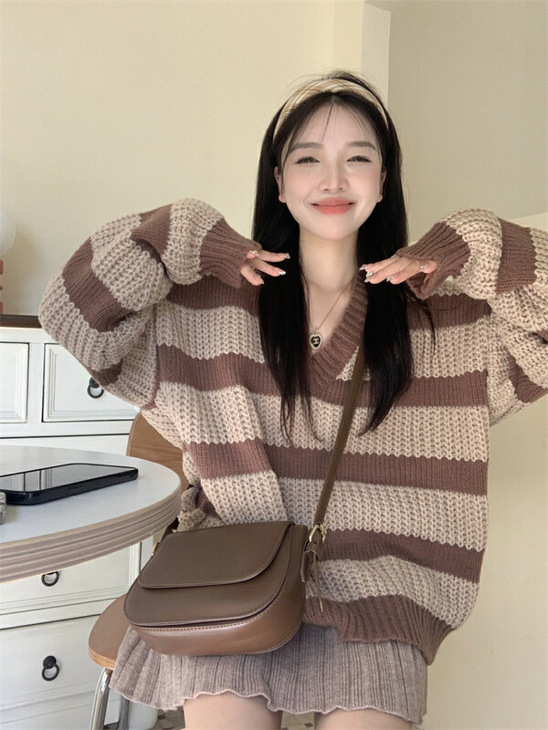 【Y.JIA】Korean Lazy V-Neck Striped Chocolate Sweater YS1-385
