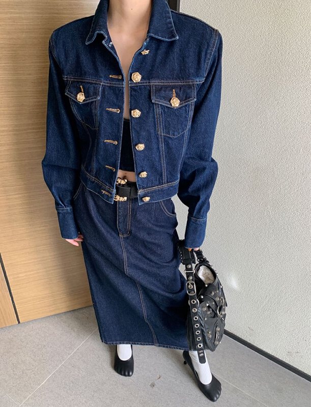 New in autumn! [TAN] Casual breasted solid color denim jacket c3179# JJ