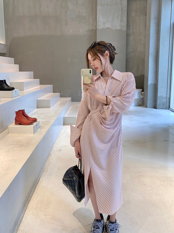 [Y.JIA Ijia] Simple design pleated bandage striped shirt dress YS1-8563