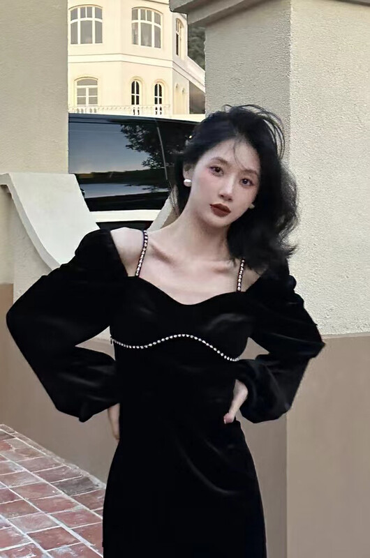 【ARE STUDIO】French temperament square neck velvet dress 92321# OZQ