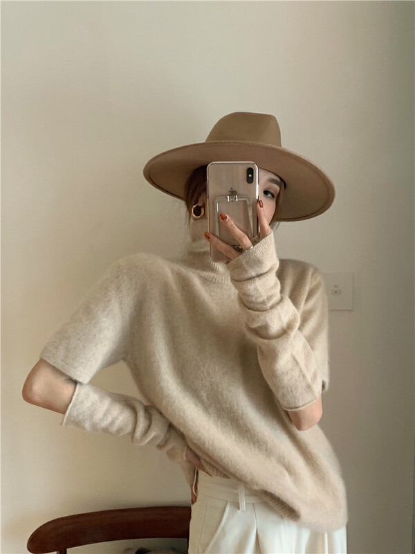 [Y.JIA Ijia] Korean version of the design high-neck all-match knitted sweater short-sleeved sweater (with sleeves) 758
