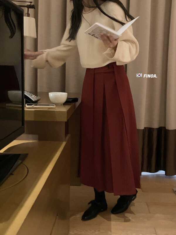 [FINOA] Korean retro loose pleated design drape A-line skirt 10801