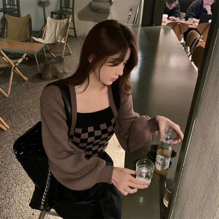 [Korean C home] Square collar plaid knitted warm sweater YS1-3620# PCZ