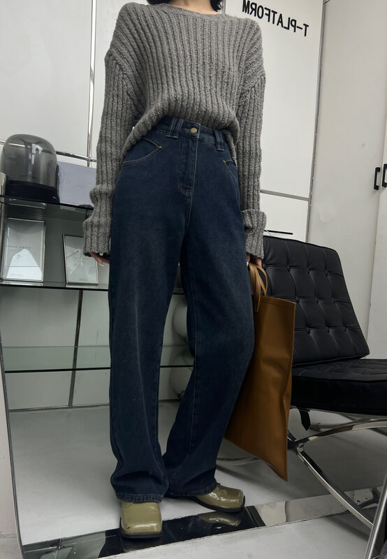 【T-PLATFORM】Simple Straight Casual Fleece Jeans V8965# CQW