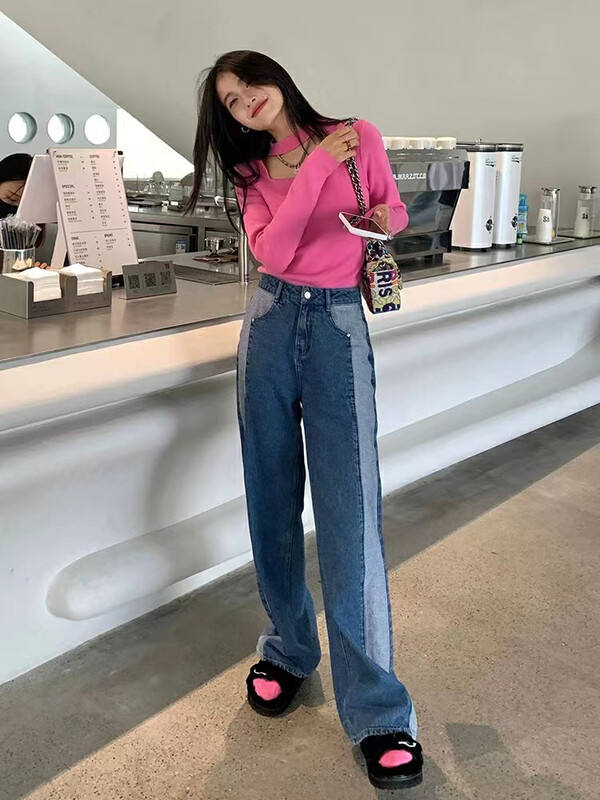 【ARE STUDIO】Designed high waist contrast color wide leg jeans 92329# OZQ