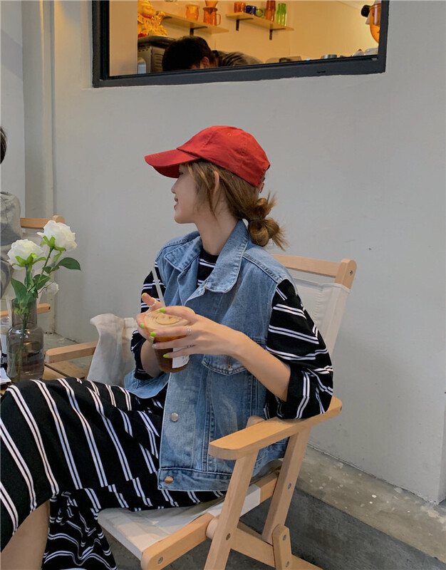 【Y.JIA】Simple sports denim vest casual striped dress 2-piece suit YS1-6092