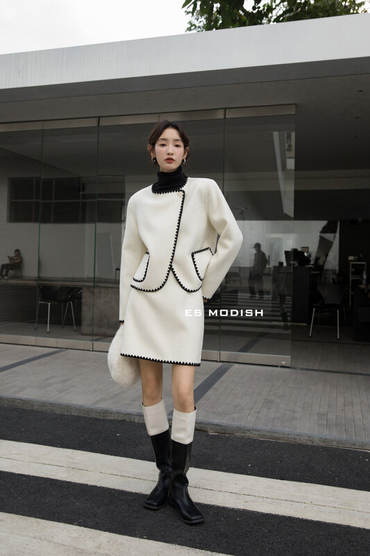 【ES MODISH】Small Fragrance Wool Jacket + Temperament High Waist Skirt Suit SET2020B# CQW