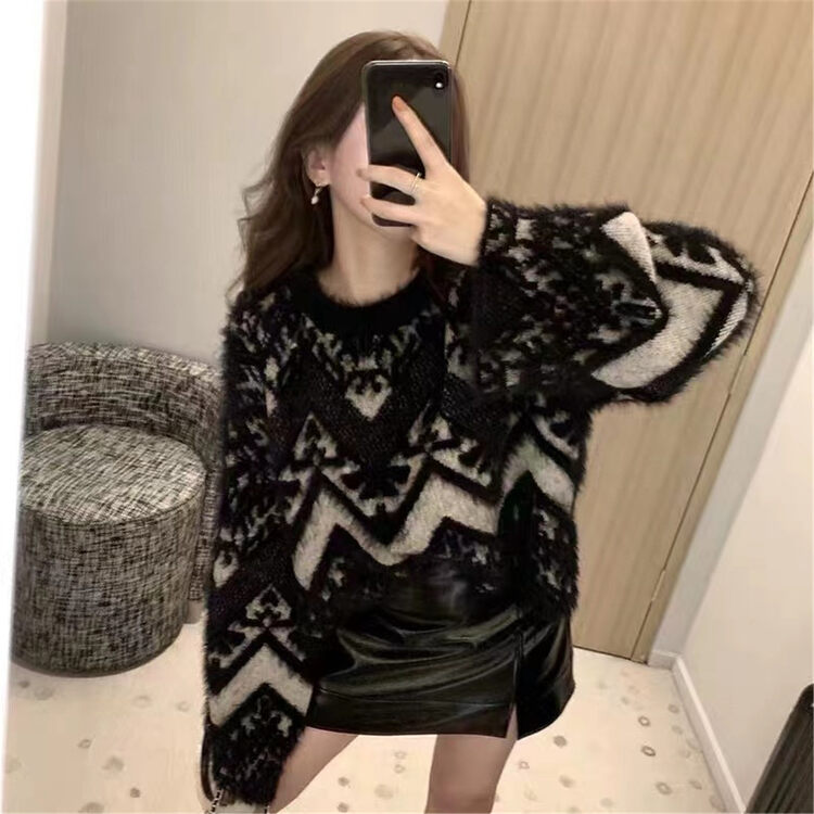 [Korean C home] Retro style round neck contrast color warm sweater 0840# PCZ
