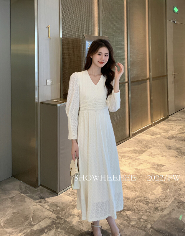 【Xiu Xixi】French Gentle Thickening Waist Thin Lace V-Neck Chic Dress 8200# JHY