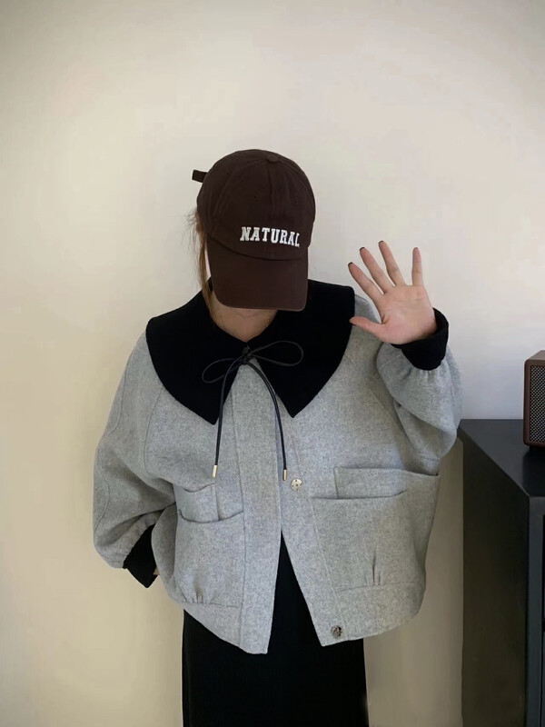 [Y.JIA Ijia] Korean style contrasting color doll collar with double-pocket design wool coat 55026
