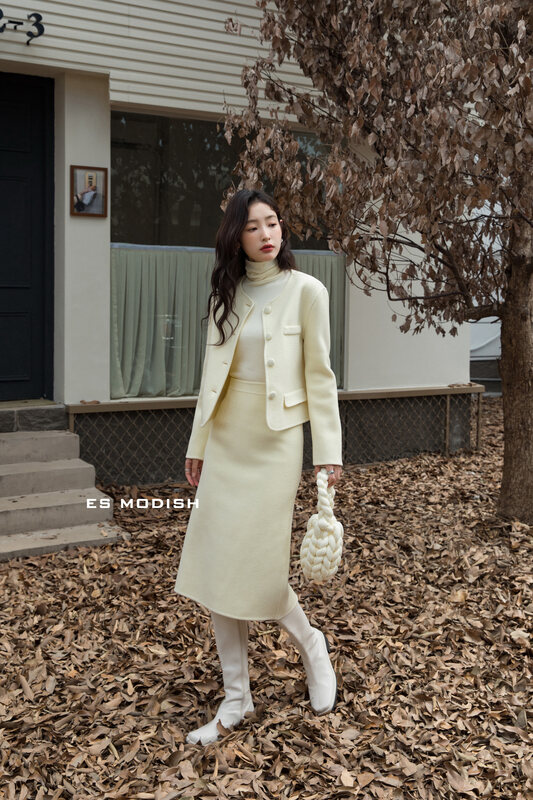 New in winter!【ES MODISH】Small fragrant wool coat + slim solid color skirt suit SET2055A# CQW
