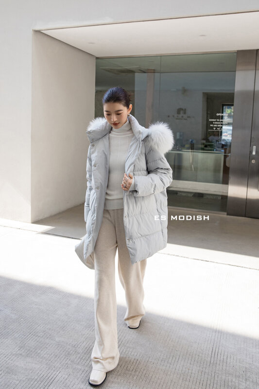 【ES MODISH】Casual Hooded Solid Color Versatile Loose Warm Down Jacket Jacket (With Detachable Real Fox Fur Collar) (Contains 90% White Duck Down) JK1340A# CQW