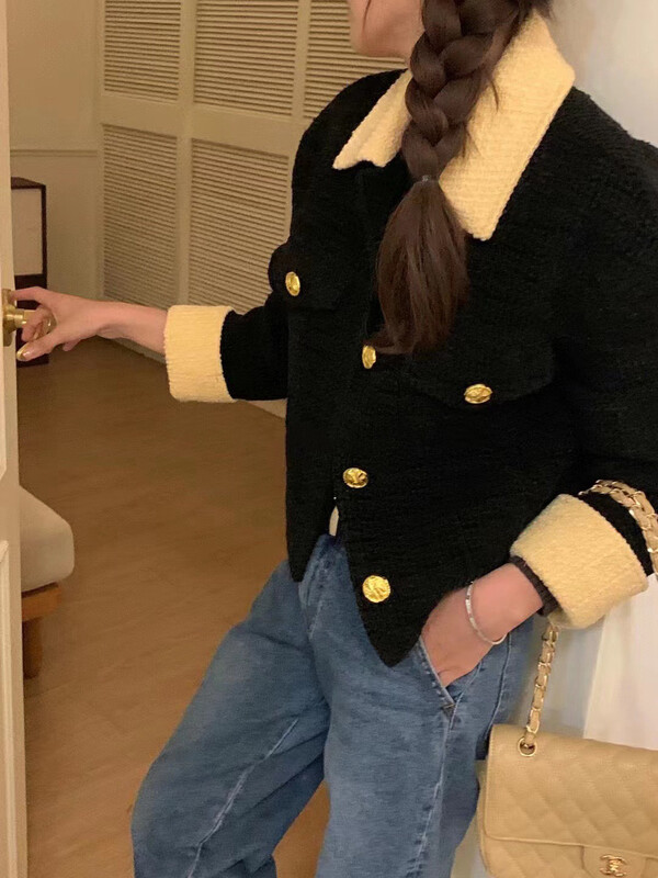 New in winter! [RS] temperament color matching edge gold buckle short coat KL8016# FHX