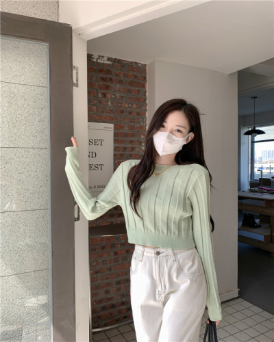 Real shooting real price Hot girl style all-match pit strip solid color outer sweater high waist short knitted sweater
