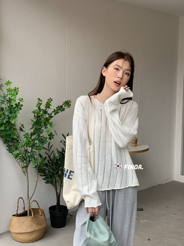 原價94.99! 【FINOA】韓版慵懶休閒微透薄款側開衩圓領針織衫  10721#  JHY
