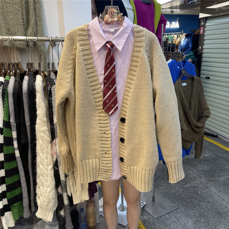[Korean C Home] Casual Loose V-Neck Knit Cardigan + Solid Color Versatile Shirt Set (with Tie) 0836# PCZ