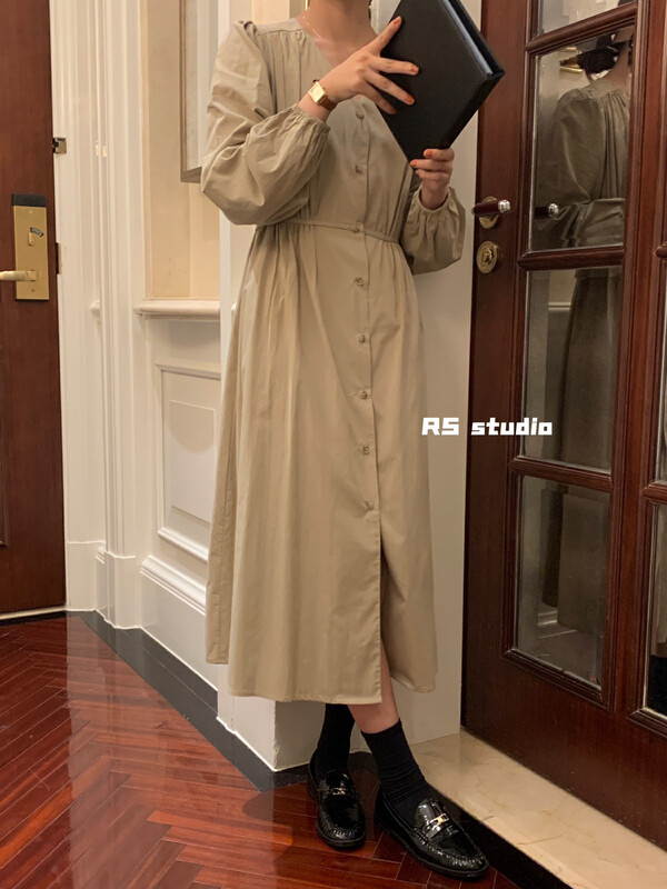 New in autumn!【RS】Korean style fashion waist V-neck single-breasted dress LL1010# FHX