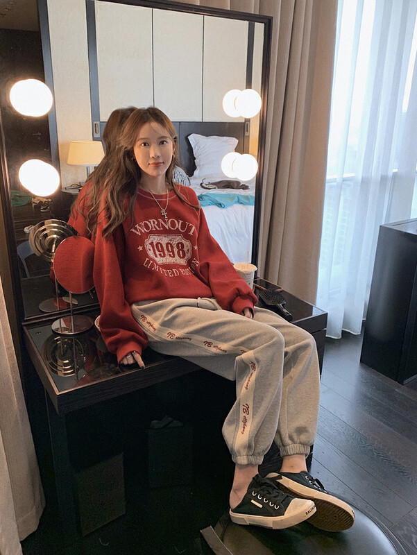 【SAVAGE】Korean high waist elastic waist side stitching letter webbing drawstring foot loose wide leg casual pants S1203# WPL