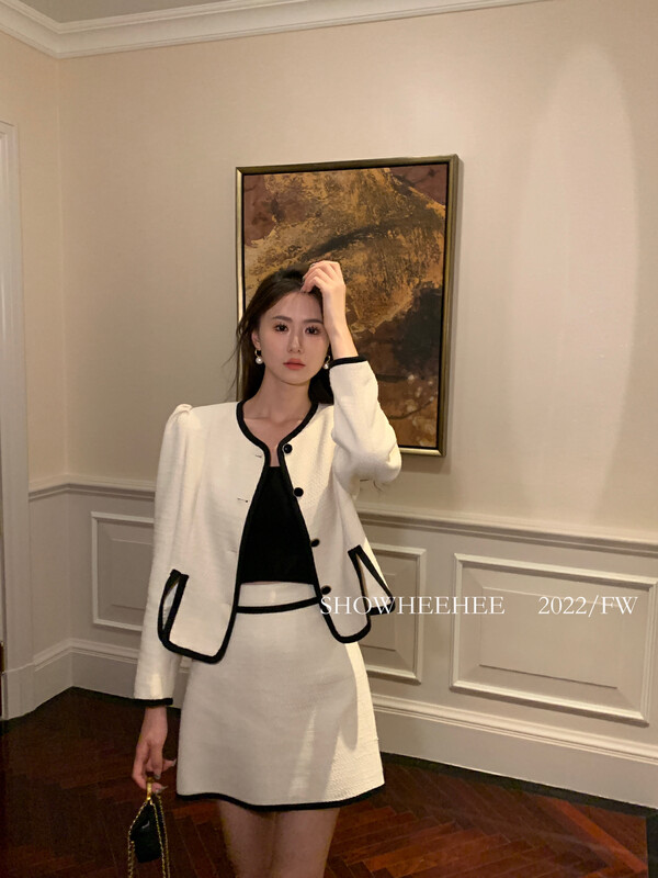 New in early autumn! [Xiu Xixi] Celebrity high-end contrasting color short coat + thin and small fragrance skirt two suits 373# JHY