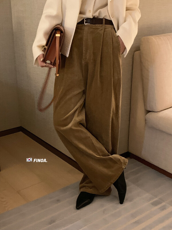 [FINOA] Korean version of solid color all-match corduroy wide-leg loose casual pants (with belt) 1378